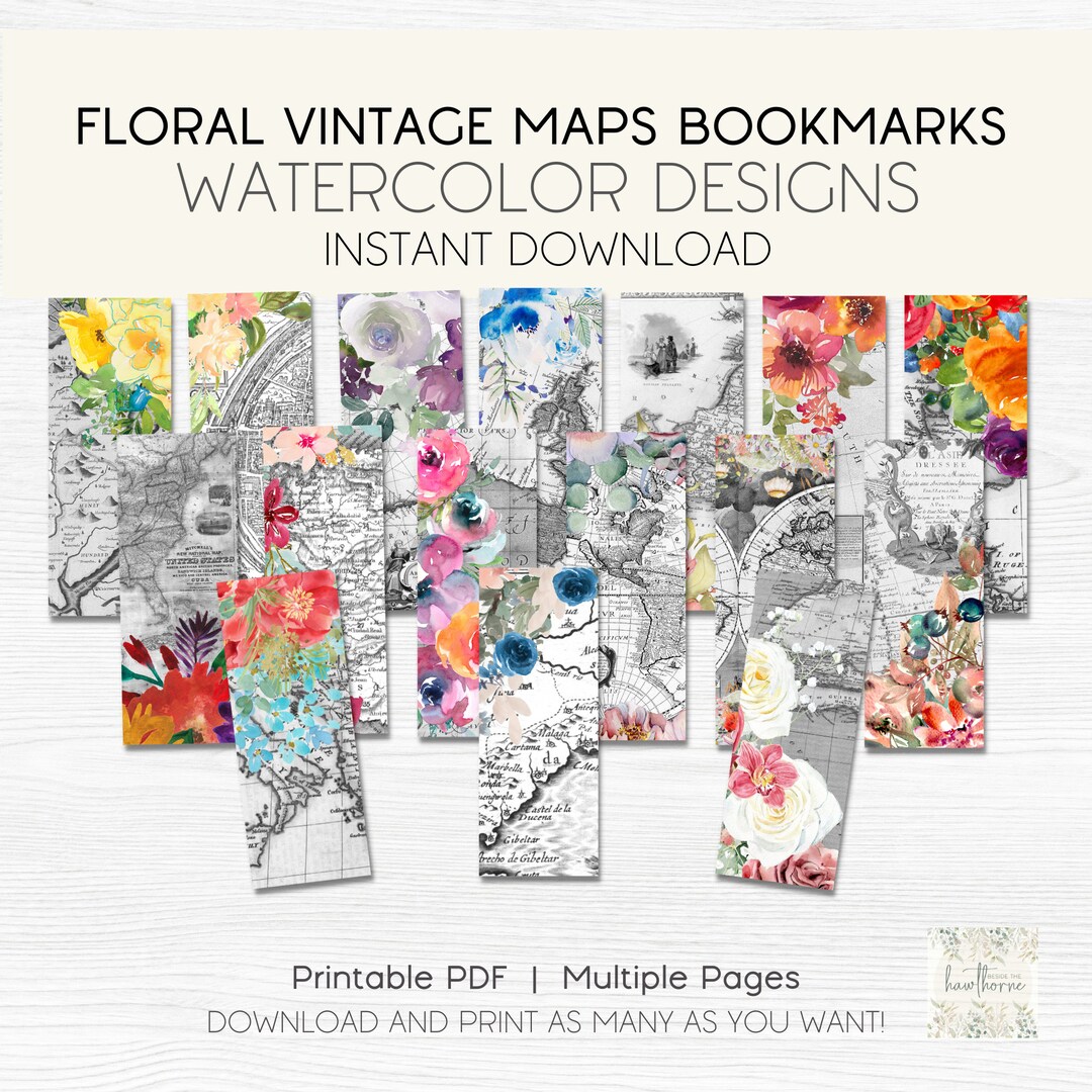 Watercolor Floral Vintage Maps Bookmarks | Printable Bookmarks | Old ...