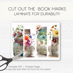 K&ouml;nnte beinhalten: Vier druckbare Lesezeichen mit Aquarell-Illustrationen von Einmachgl&auml;sern, die mit Blumen gef&uuml;llt sind. Jedes Lesezeichen enth&auml;lt ein Zitat &uuml;ber Bildung von Charlotte Mason. Die Zitate lauten: "Wissen ist die Grundlage der St&auml;rke einer Nation", "Die Aufgabe von Lehrern ist es, so viele T&uuml;ren wie m&ouml;glich zu &ouml;ffnen", "Bildung ist ein Leben, nicht das Leben wird von Ideen getragen", und "Es gibt keine Bildung ohne Selbstbildung".