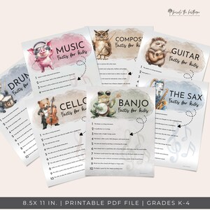 K&ouml;nnte beinhalten: Eine Sammlung druckbarer Lernposter f&uuml;r Kinder mit Aquarellillustrationen von Musikinstrumenten und Fakten. Enth&auml;lt Poster &uuml;ber Schlagzeug, Musik, Komponisten, Gitarre, Cello, Banjo und Saxophon. Jedes Poster ist 21,59 x 27,94 cm gro&szlig;.