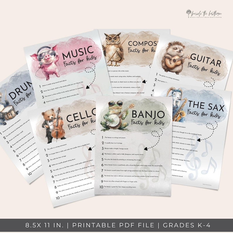 K&ouml;nnte beinhalten: Eine Sammlung druckbarer Lernposter f&uuml;r Kinder mit Aquarellillustrationen von Musikinstrumenten und Fakten. Enth&auml;lt Poster &uuml;ber Schlagzeug, Musik, Komponisten, Gitarre, Cello, Banjo und Saxophon. Jedes Poster ist 21,59 x 27,94 cm gro&szlig;.