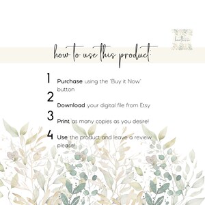 K&ouml;nnte beinhalten: Ein wei&szlig;er Hintergrund mit gr&uuml;nem Laub und einer Liste von Anweisungen zur Verwendung eines digitalen Produkts. Die Anweisungen sind von 1 bis 4 nummeriert. Der Text lautet: "how to use this product: 1. Purchase using the "Buy it Now" button 2. Download your digital file from Etsy 3. Print as many copies as you desire! 4. Use the product and leave a review please!"