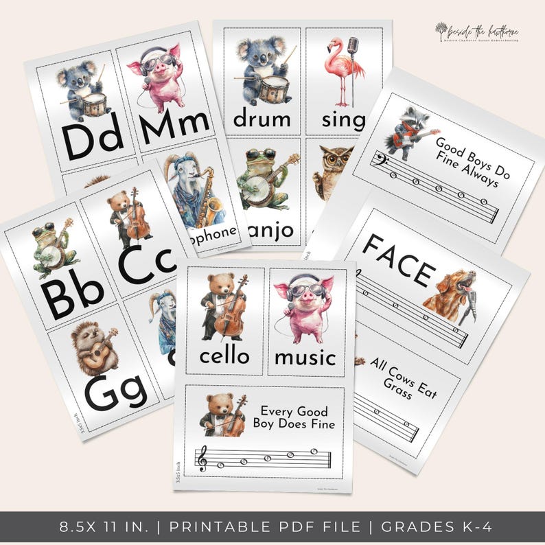 K&ouml;nnte beinhalten: Eine Sammlung wei&szlig;er Karteikarten mit Aquarellillustrationen von Tieren, die Musikinstrumente spielen. Die Karten zeigen Buchstaben, musikalische Begriffe und S&auml;tze wie "Good Boys Do Fine Always". Der Text "8.5X 11 IN. | PRINTABLE PDF FILE | GRADES K-4" befindet sich unten.