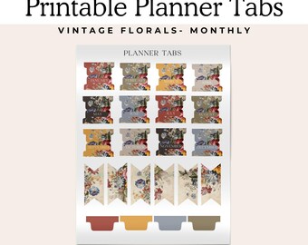 Könnte beinhalten: Druckbare Planer-Registerkarten mit Vintage-Blumendesign. Die Registerkarten sind mit den Monaten des Jahres beschriftet und weisen eine Vielzahl von Blumenmustern in Rot-, Gelb-, Blau- und Beigetönen auf. Der Text "Printable Planner Tabs" steht oben.