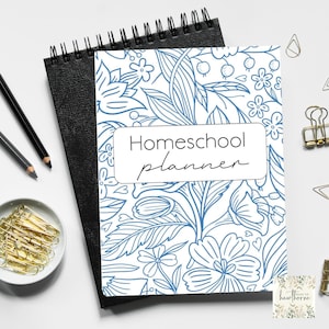 Portada del planificador de educación en el hogar, flores azules, planificador de educación en el hogar imprimible, PDF, descarga instantánea, portada de carpeta, portada del planificador de lecciones, floral