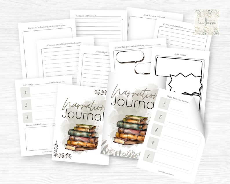 Pu&ograve; includere: Un set di pagine di diario stampabili con un'illustrazione ad acquerello di una pila di libri e il testo "Narration Journal". Le pagine includono suggerimenti per scrivere e disegnare, come "Disegna una mappa di dove si svolge la tua storia", "Confronta te stesso con il personaggio principale", "Scrivi un dialogo del tuo colloquio", e "Scrivi 5 domande su".