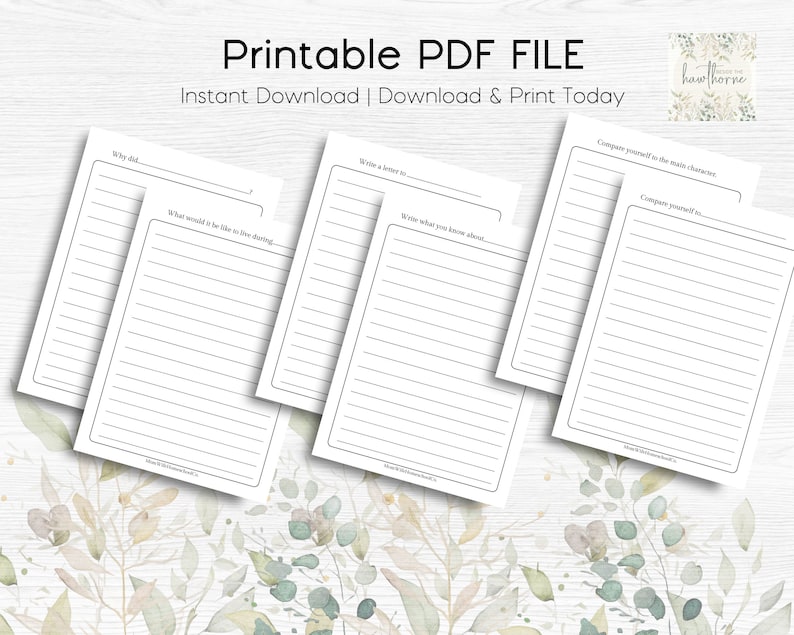 Pu&ograve; includere: File PDF stampabile con suggerimenti di scrittura per tenere un diario, scrivere lettere e confrontarsi con un personaggio principale. I suggerimenti sono: "Perch&eacute;...", "Come sarebbe vivere durante...", "Scrivi una lettera a...", "Scrivi quello che sai su...", e "Confronta te stesso con il personaggio principale..."