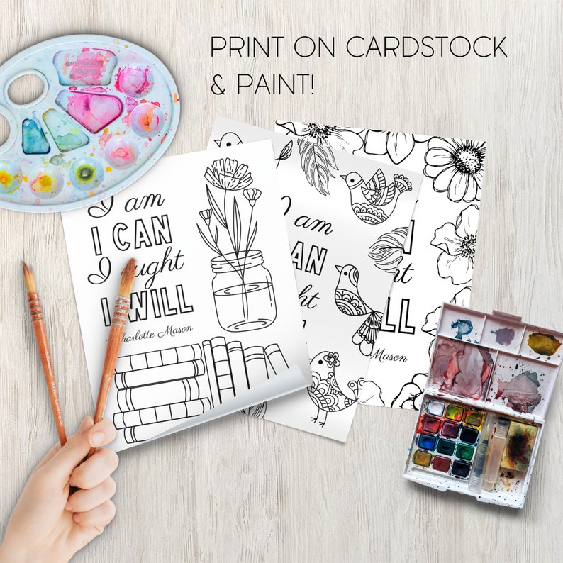 May include: A set of three printable coloring pages featuring inspirational quotes, a bird, flowers, and a jar. The text on the pages reads "I am I CAN I fight I WILL" and "I am AN I fight I LL".