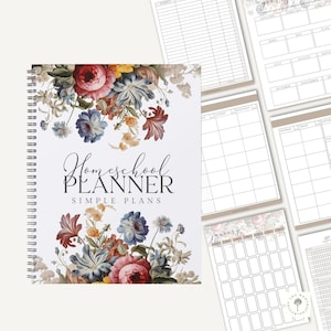 May include: Homeschool Planner with the text "Simple Plans" on a white background with a floral design. The planner has a spiral binding and includes monthly calendar pages, weekly schedule pages, and a yearly overview.