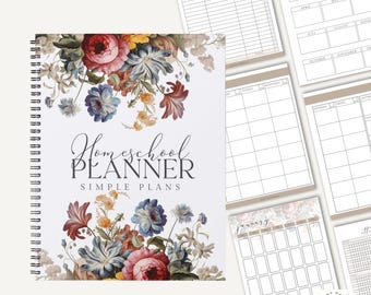 May include: Homeschool Planner with the text "Simple Plans" on a white background with a floral design. The planner has a spiral binding and includes monthly calendar pages, weekly schedule pages, and a yearly overview.