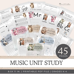 May include: A collection of printable music-themed educational pages for grades K-4. The pages feature musical notes, instruments, and animal characters playing instruments. The title "MUSIC UNIT STUDY" is displayed at the bottom, with "45 PAGES" in a circle.