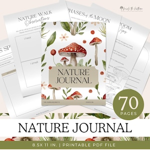 Pode incluir: Um diário da natureza com um design de cogumelos, rodeado por páginas com texto. A capa do diário apresenta uma faixa bege com as palavras "NATURE JOURNAL" e ilustrações de cogumelos vermelhos e brancos. O diário tem 21,59 x 27,94 cm e tem 70 páginas.