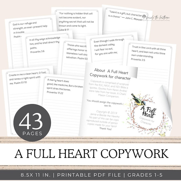A Full Heart: Copywork for Character | Homeschool Copy work and Handwriting Practice Worksheets | Charlotte Mason Homeschool, Copywork