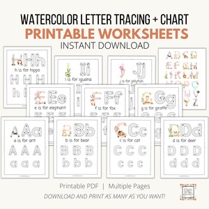 Aquarell Animal Letter Tracing Worksheets | Letter Tracing Printables für Kinder im Vorschulalter | Homeschool Ausdrucke | Alphabet Tracing