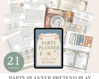 Könnte beinhalten: Eine Sammlung druckbarer Partyplaner-Seiten, darunter ein Kuchenbestellformular, eine Ereigniszeitleiste, eine Gästeliste und ein Budgetplaner. Das zentrale Bild ist ein Tablet mit "Welcome Party Planner" auf dem Bildschirm. Das Set umfasst 21 Seiten.