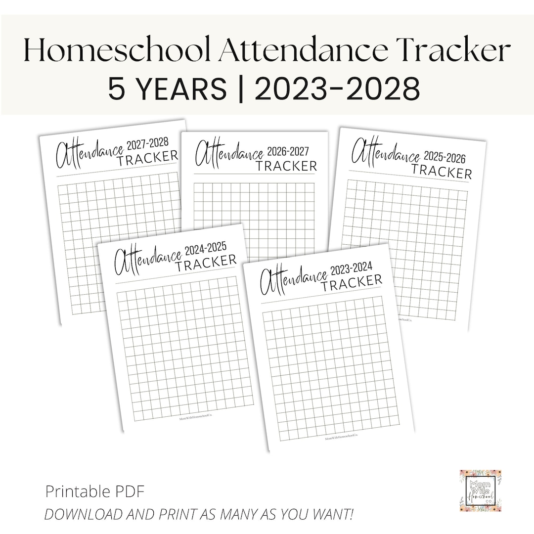 Homeschool Attendance Record Trackers 5 Homeschool Years, 2023, 2024