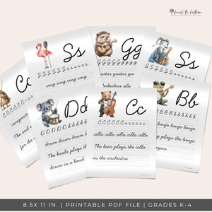 K&ouml;nnte beinhalten: Eine Sammlung druckbarer Lernbl&auml;tter f&uuml;r die Klassen K-4. Jedes Blatt zeigt einen Buchstaben des Alphabets mit einer Tierillustration und Schreib&uuml;bungen in Kursivschrift. Die Bl&auml;tter sind 21,59 x 27,94 cm gro&szlig;.