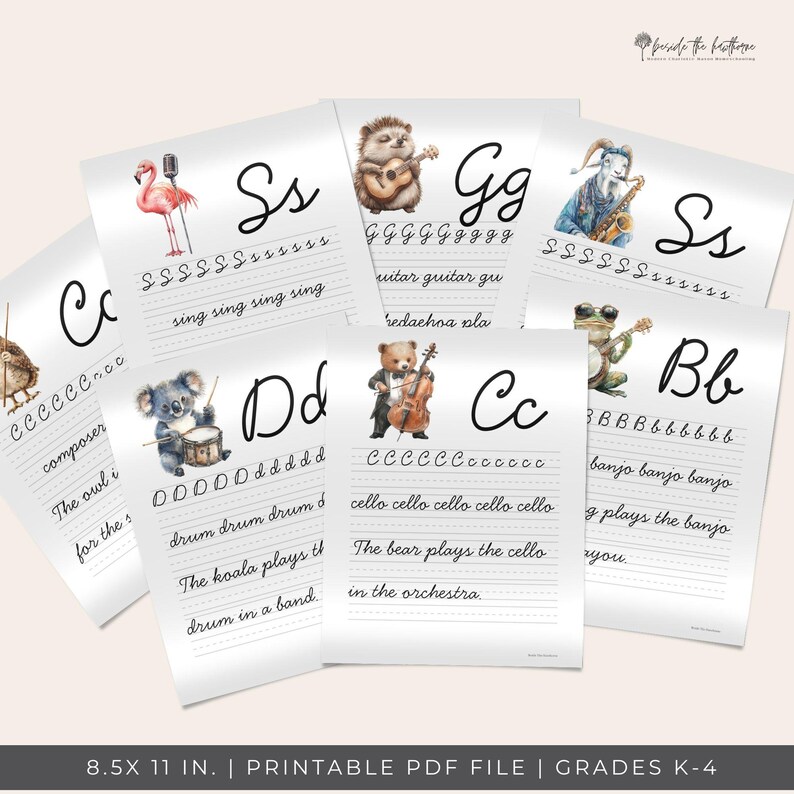 K&ouml;nnte beinhalten: Eine Sammlung druckbarer Lernbl&auml;tter f&uuml;r die Klassen K-4. Jedes Blatt zeigt einen Buchstaben des Alphabets mit einer Tierillustration und Schreib&uuml;bungen in Kursivschrift. Die Bl&auml;tter sind 21,59 x 27,94 cm gro&szlig;.