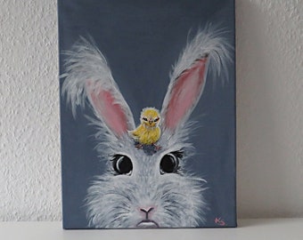 Original...Acrylbild für Kinder...Hase...Küken...Kaninchen...Ostern...Geschenke...Dekoration...Kinderzimmer...Bilder...Keilrahmen