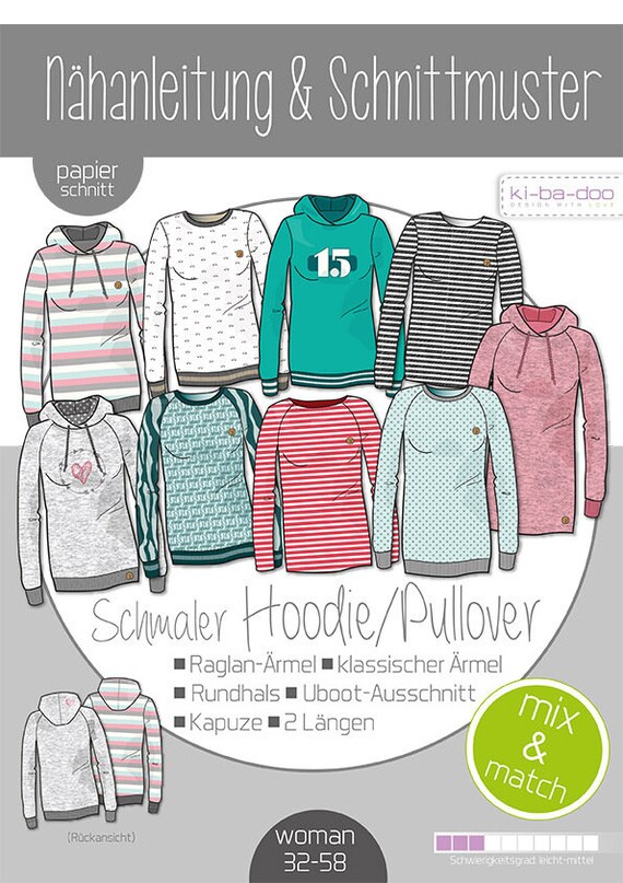 Cut pattern of narrow hoodie sweater Women's Kibadoo Mix and Match Ki Ba Doo Paper Pattern Parka MAcleo Woman