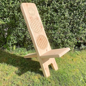 Pinewood chair with flower of life and tree of life. Hand carved, recharge your batteries, relax,