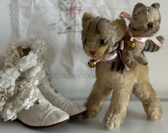 R A R!! Vintage Stuffed Toy Mohair Cat Cat Chat Kitty Kitten & Bow Bell Tabby Standing - 1 Piece | Steiff Germany ±1950