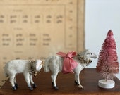 MERRY XMAS 2x Antique German PUTZ Sheep Wooden Stick Legs with Tinsel and Bell Composition Tuchstaub Erzgebirge - Germany 1900