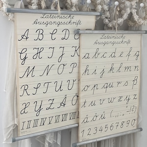 Può includere: Sono esposti due grafici vintage dell'alfabeto corsivo con il testo "Lateinische Ausgangsschrift". I grafici presentano lettere e numeri corsivi neri su sfondo color crema, montati su barre di metallo. Sopra sono appese ghirlande floreali decorative.