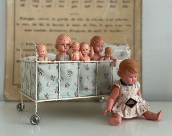 RARE! Vintage metal doll bed dolls lattice bed on wheels -M- | Antique Iron Metal Dollhouse Doll Toy Bed on Wheels | Germany ±1940