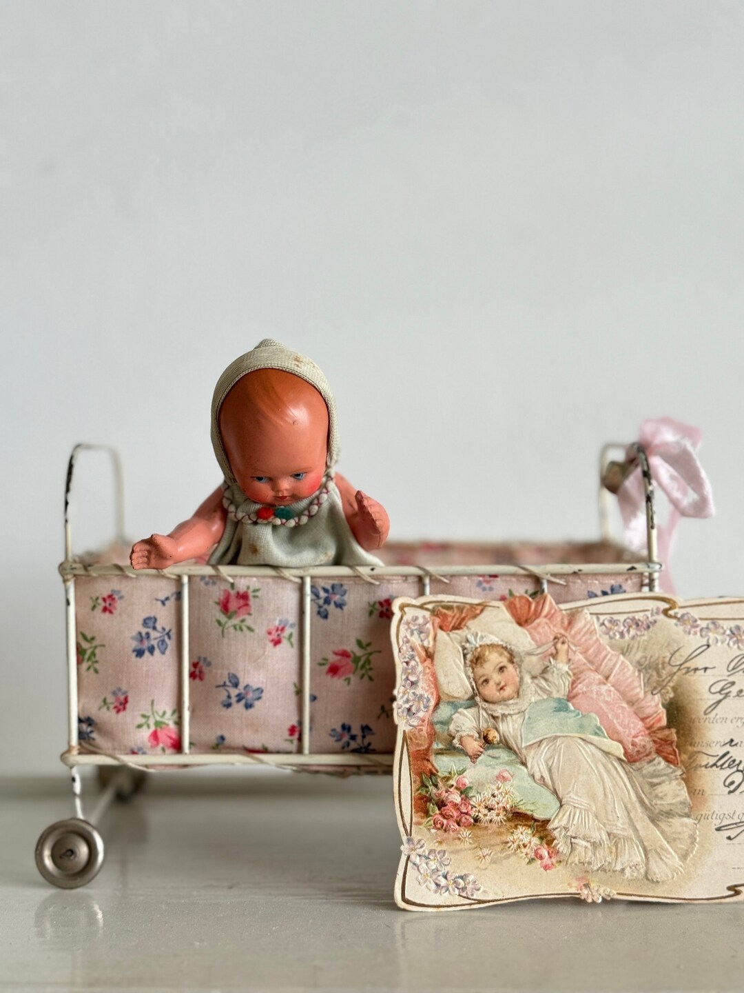 Vintage Metal Doll Bed Dolls Lattice Bed on Wheels With Doll PINK