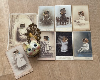 KATZEN SET: 3 Stück antike Kabinett Fotos CDV Baby Kinder Katzen Motiven "Little Kittens" | Oblaten Glanzbilder Ephemera | Orig. 1900