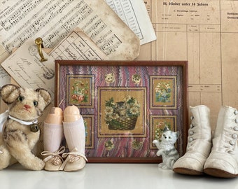 R A R I T Ä T!! Ur-altes Vintage Bild mit Holz Rahmen LES CHATS (= Die Kätzchen) mit Oblaten Glanzbilder | Katzen Bild | France ± 1930