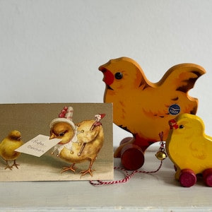 RARE Vintage wooden toy chickens ducks chicks on wheels rotary animal Orig. GECEVO and FÜLEK 1 piece per purchase Erzgebirge Germany 1950 image 1