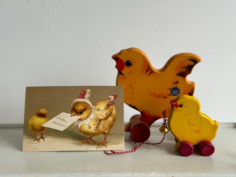 RARE Vintage wooden toy chickens ducks chicks on wheels rotary animal Orig. GECEVO and FÜLEK 1 piece per purchase Erzgebirge Germany 1950 image 1