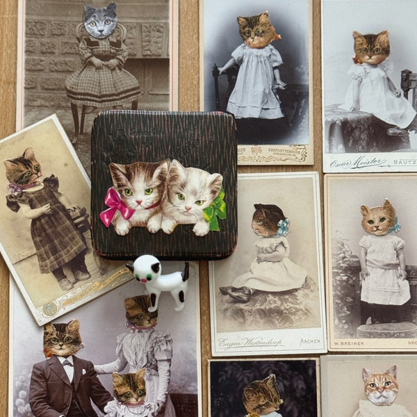 KATZEN SET #C: 4x antike Kabinett Fotos CDV Familie Kinder Katzen Motiven "Katzenfamilie" | Oblaten Glanzbilder Ephemera | Originale ±1900