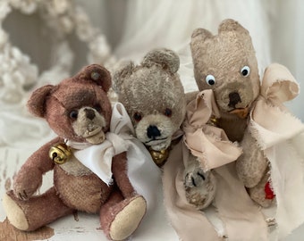 RARE! Ancien trio d'ours en peluche vintage - 3 pièces | Ancien vintage Little Fuzzy Teddy Bear Set 3 Pièces | Steiff & Co. Allemagne ±1940-50