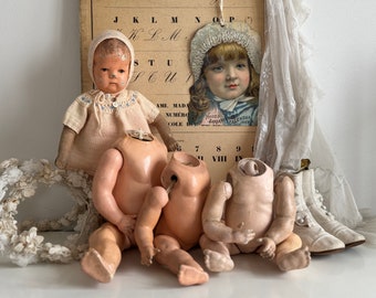 FÜR DEN PUPPENDOKTOR: Set 3x ur-alte, antike Puppen Baby Puppenkörper Body Puppentorso Körper Pappmaché Maße Material | Germany ab ±1900