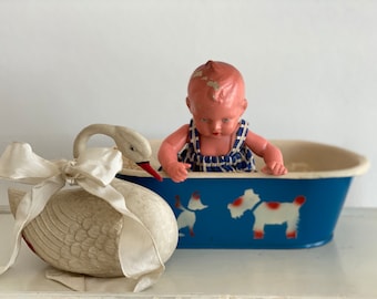 Antik Puppen Spielzeug Blechspielzeug Bad Wanne Badewanne inkl. uralter Maße Baby Puppe | Spritzdekor "Hündchen" | Göso Kibri? Germany ±1930