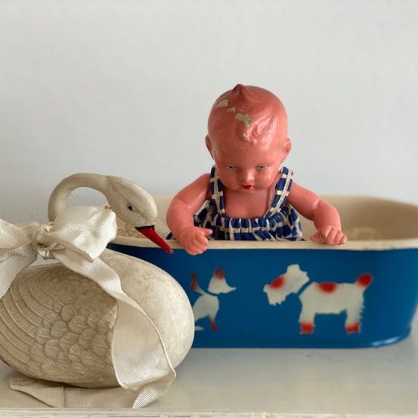 Antik Puppen Spielzeug Blechspielzeug Bad Wanne Badewanne inkl. uralter Maße Baby Puppe | Spritzdekor "Hündchen" | Göso Kibri? Germany ±1930