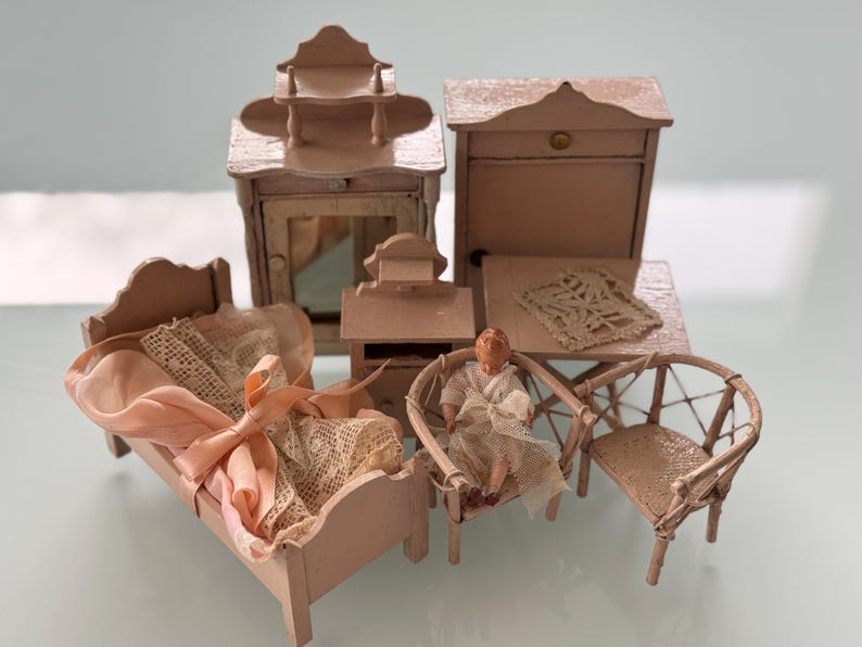 Sweet Old Antique Dollhouse Furniture Set bed, Wardrobe, Chest of