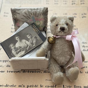 Ours en peluche miniature 10 cm : en pur mohair rose et poils longs
