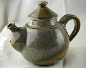 Green blue shaded glazed stoneware teapot,  bulbous shape and beak - 80's