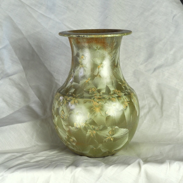 Vase à cristallisation dorée complète, haute silhouette - Montgolfier - années 80