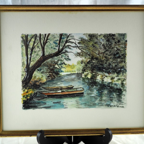 Rivière et ses deux bateaux surplombée d'un saule tombant - aquarelle, crayonné et touches d'huile sur papier - Monique Perceval