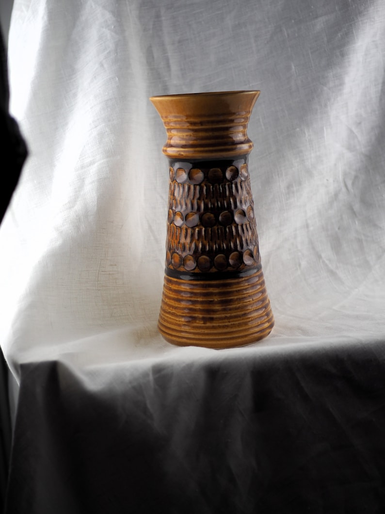 ocher and black seventies High curved vase Bay Keramik circle and spine hollow pattern 70/'s