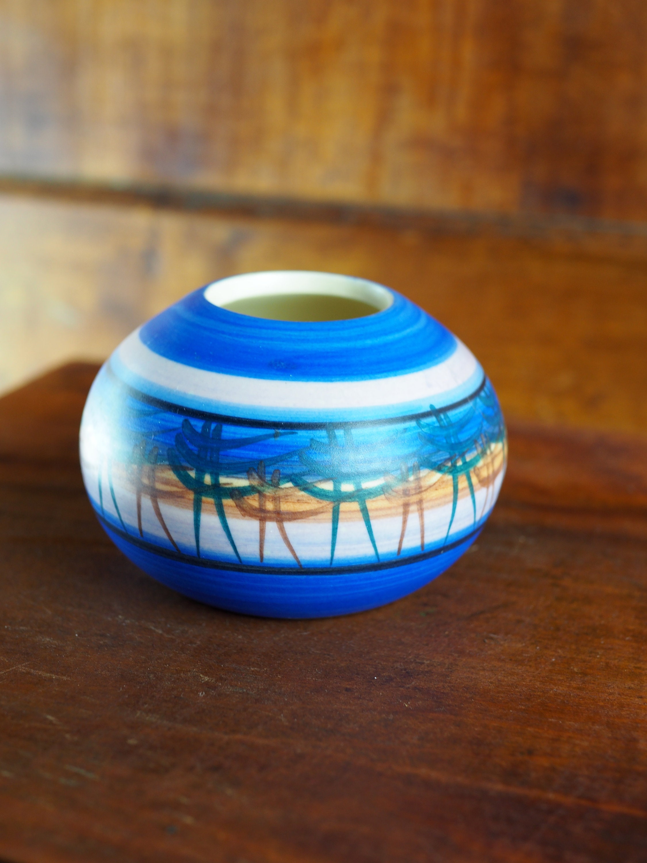 Petit Vase/Vide-Poche à Décor Abstrait Bleu et Ocre - Michel Gorgeon, Vallauris Années 70