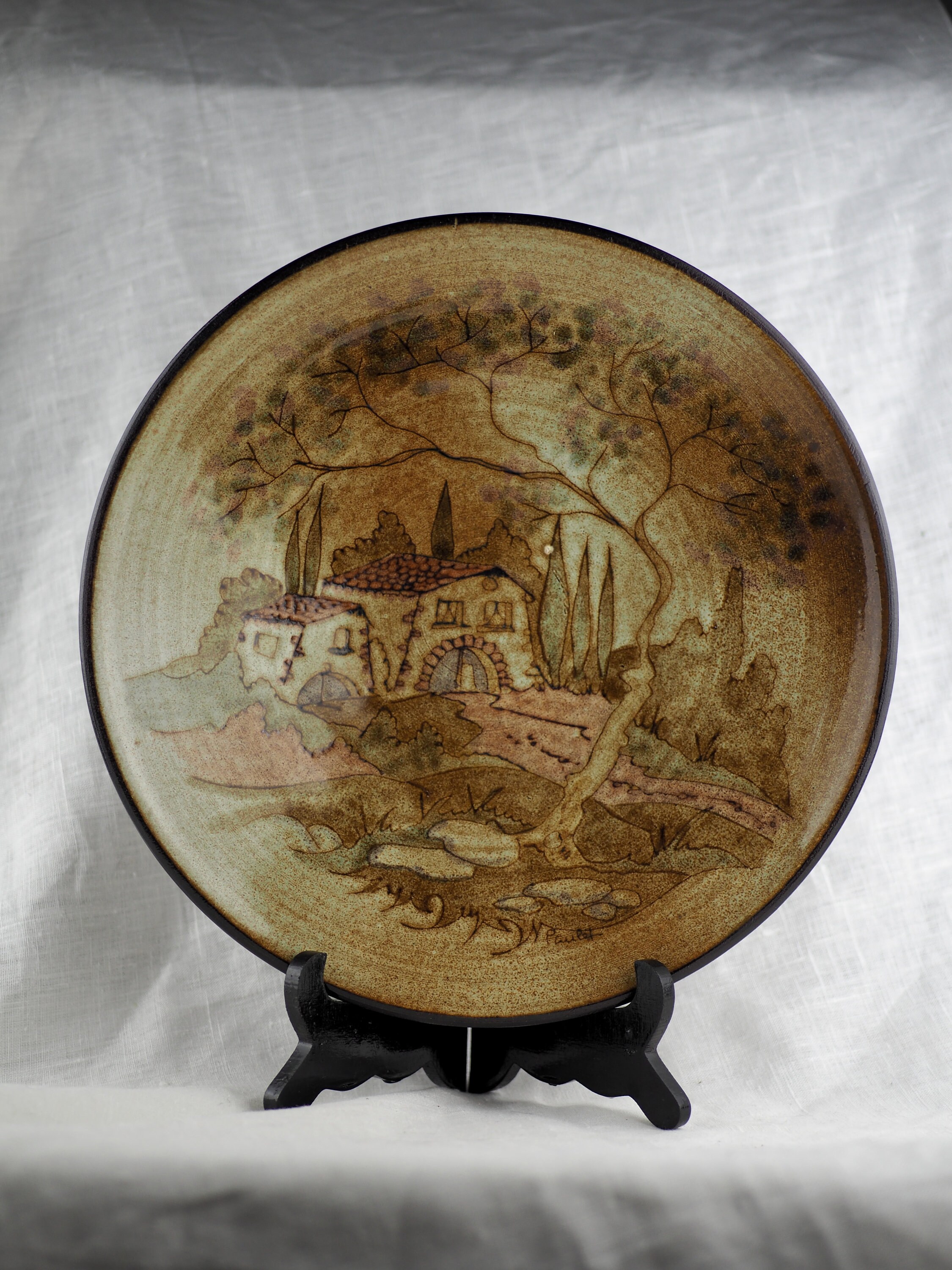 Grand Plat/Coupe à Fruit Décor Rural, Maisonnette Méditerranéenne et Sa Remise, Grand Olivier - Paul