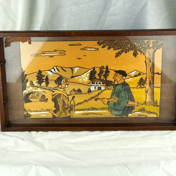 Hanging tray with Basque Country mountain landscape, elderly couple with beret and pie - Jupiberry, french Art Deco - 20s / 30s