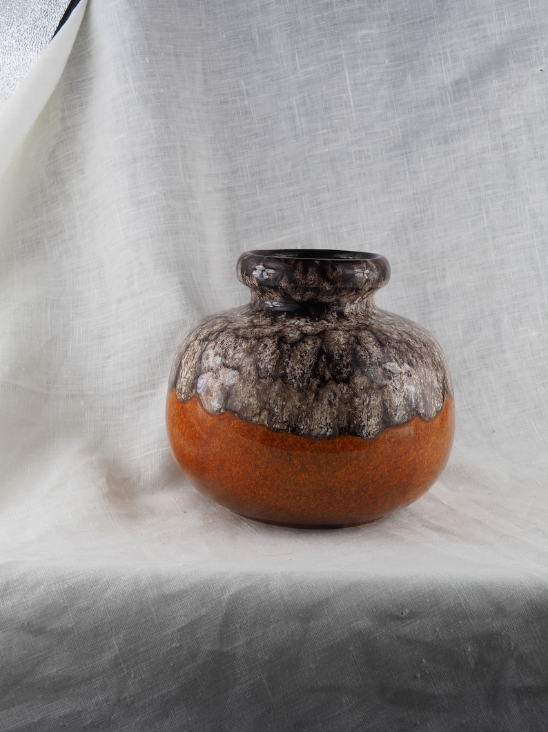 ocher and black seventies High curved vase Bay Keramik circle and spine hollow pattern 70/'s