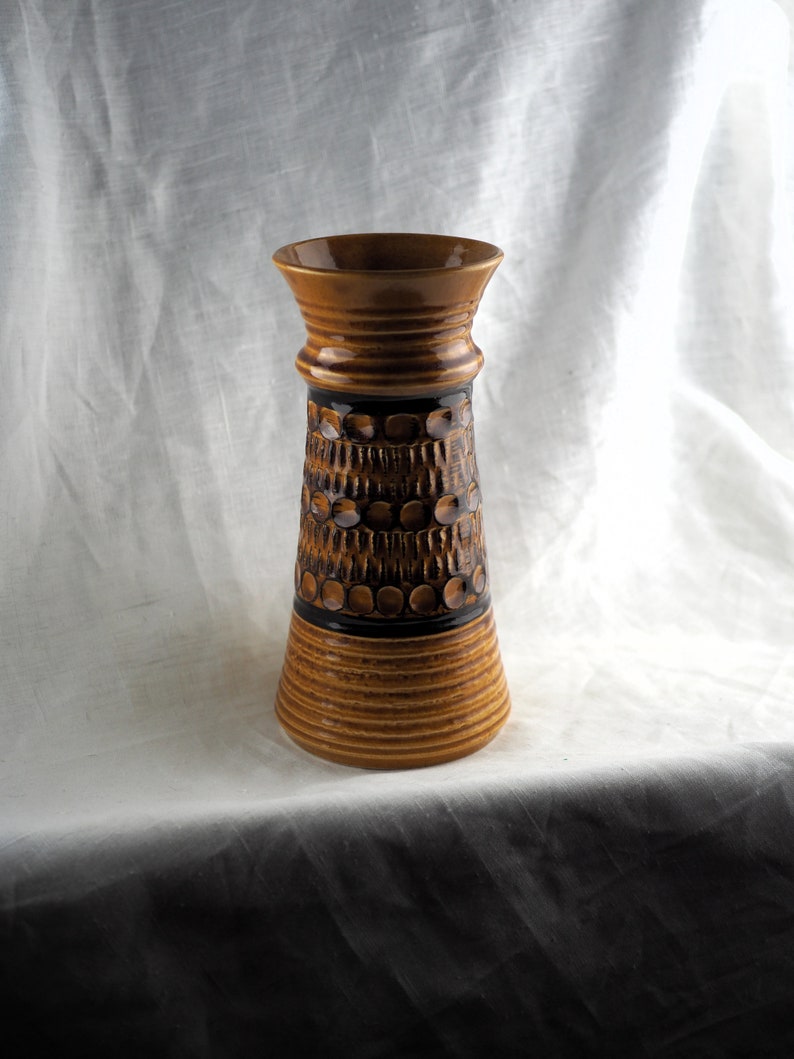 ocher and black seventies High curved vase Bay Keramik circle and spine hollow pattern 70/'s