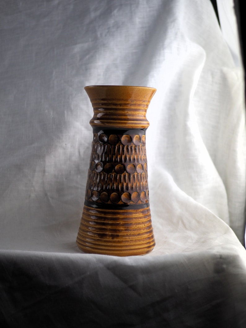 ocher and black seventies High curved vase Bay Keramik circle and spine hollow pattern 70/'s